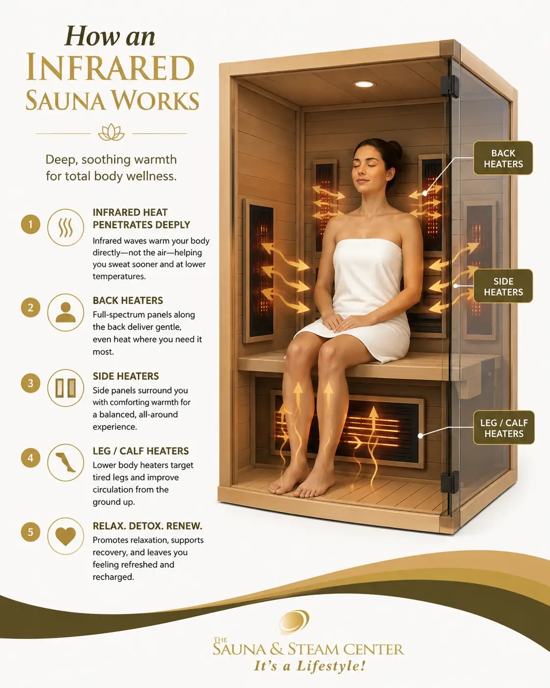 See how infrared sauna heater panels deliver radiant heat around the body, including back, side, and leg heating for a lower-temperature sauna experience.