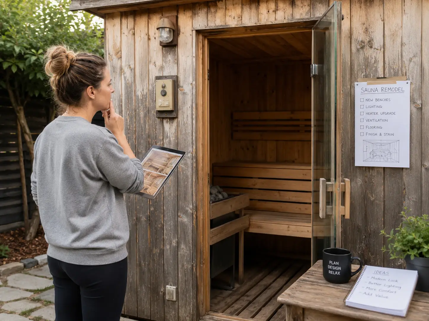 A homeowner reviews an aging sauna and plans a remodel, exploring upgrades like new benches, lighting, ventilation, flooring, and a heater replacement.