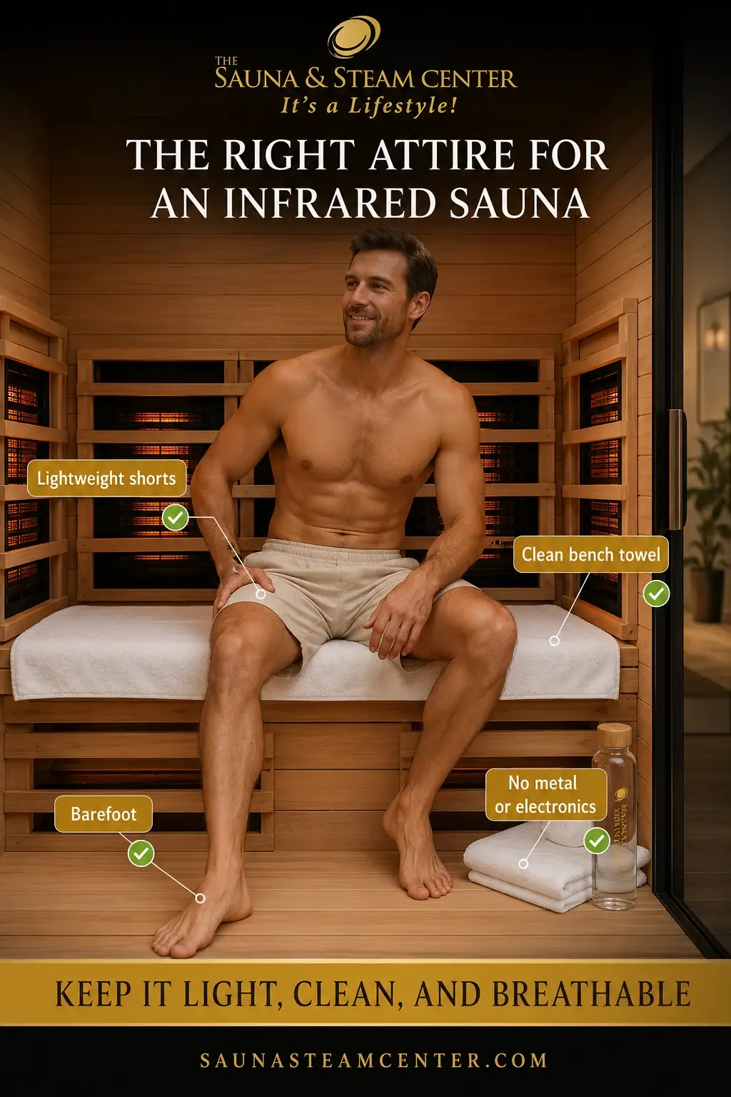 See what men should wear in an infrared sauna, including lightweight shorts, bare feet, a clean bench towel, and no metal or electronics.