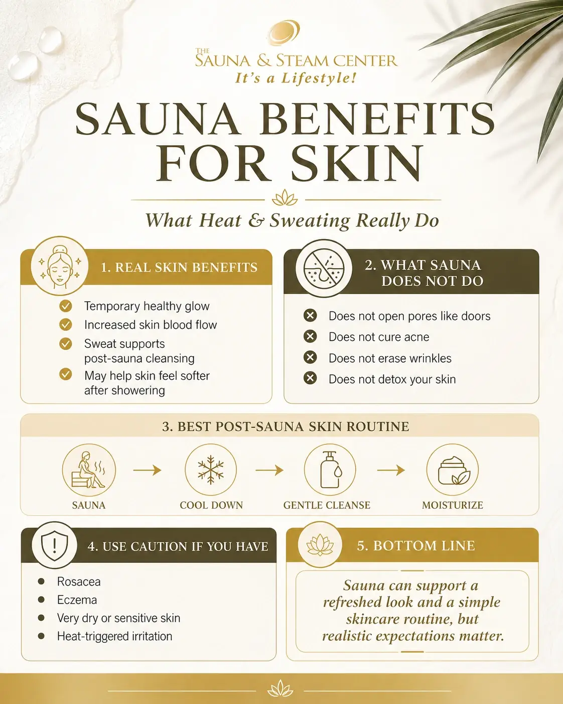 Learn the real sauna benefits for skin, including temporary glow, increased skin blood flow, post-sauna cleansing, skincare tips, and common myths about pores, acne, wrinkles, and detox.