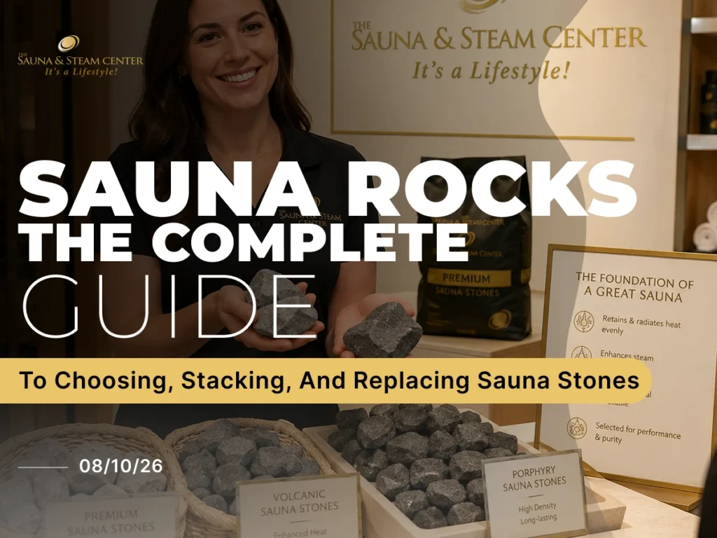 Sauna & Steam Center sales associate showcasing premium sauna rocks and heater stones, helping customers choose the right stones for heat, airflow, and steam performance.