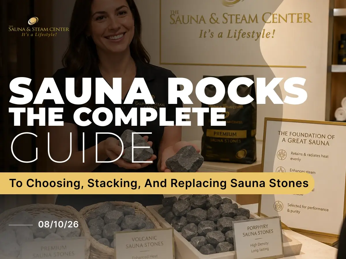 Sauna & Steam Center sales associate showcasing premium sauna rocks and heater stones, helping customers choose the right stones for heat, airflow, and steam performance.