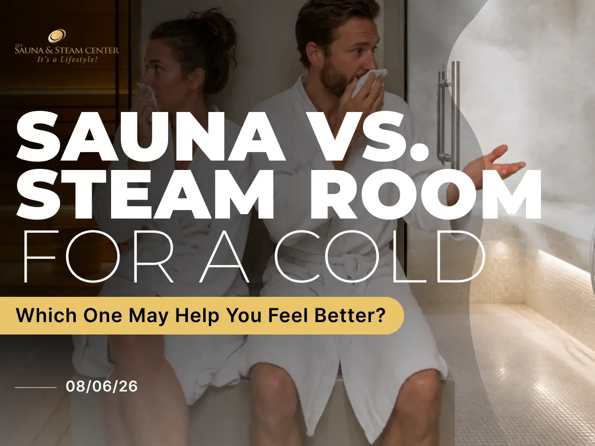 A congested couple compares a modern sauna and steam room, deciding which heat experience may provide temporary comfort while recovering from a cold.