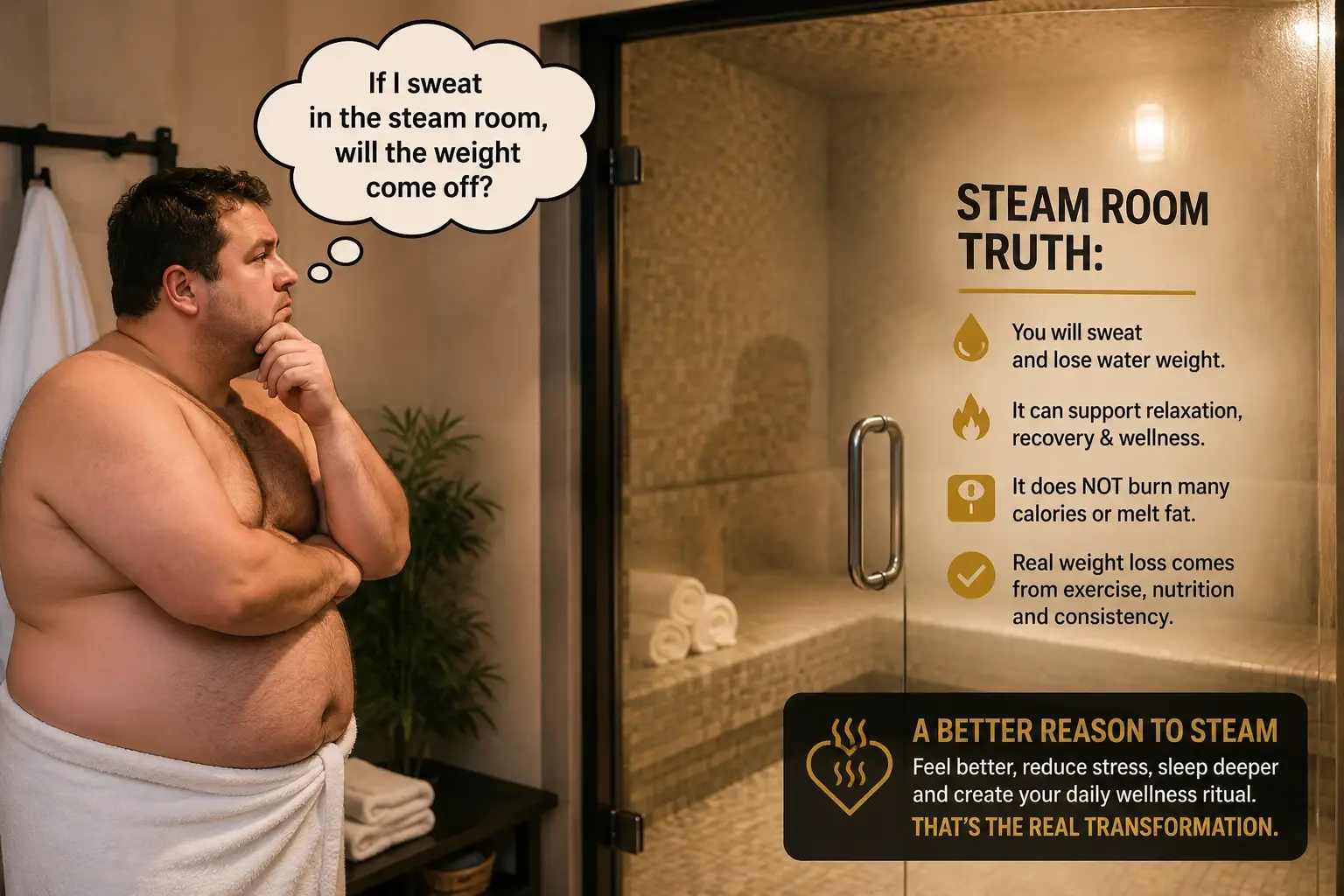 An educational steam room image showing that sweating may cause temporary water loss, but real weight loss comes from exercise, nutrition, consistency, and healthy habits.