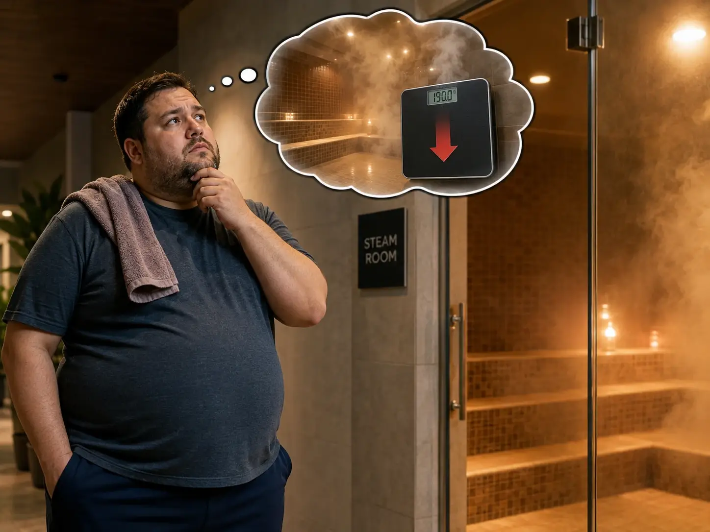 An overweight man stands outside a steam room, wondering if steam will help him lose weight, illustrating the common belief that sweating leads to lasting fat loss.