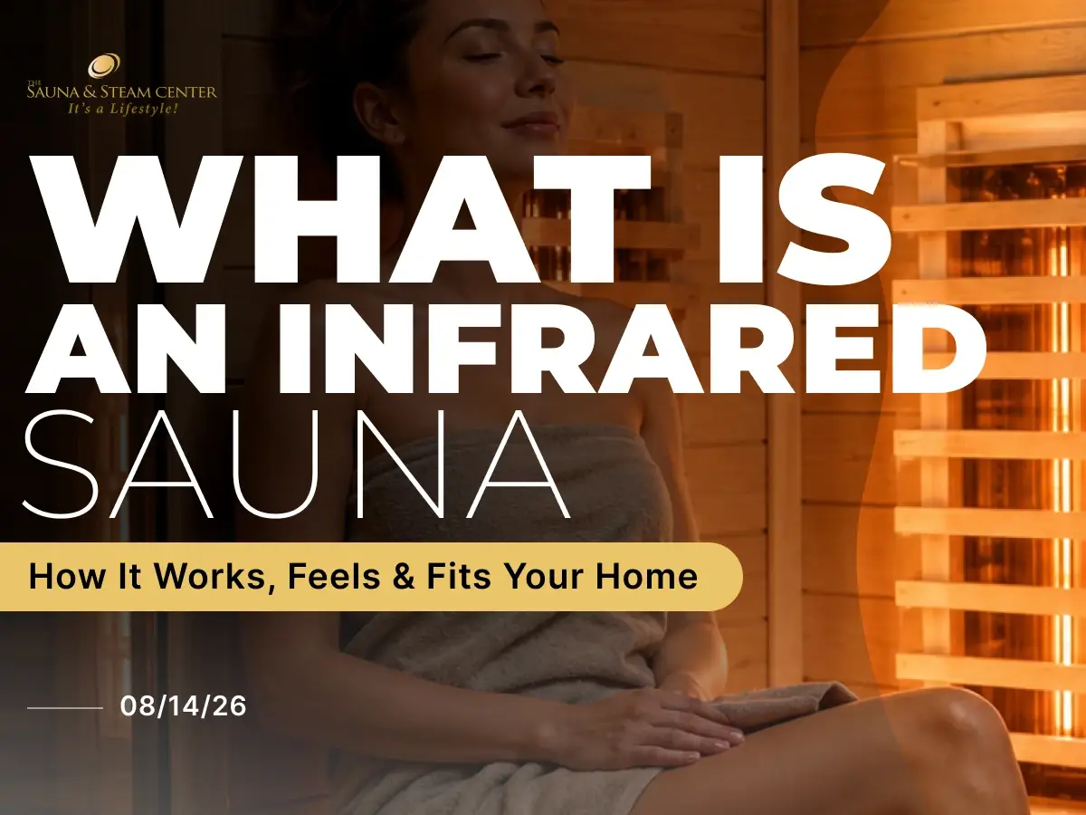 A person relaxes inside a modern infrared sauna with warm wood interiors and radiant heater panels, illustrating a comfortable at-home infrared sauna experience.