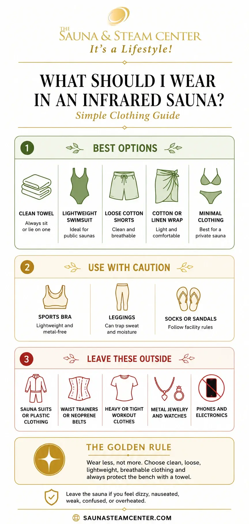 Infrared sauna clothing guide showing what to wear, what to avoid, towel hygiene, breathable options, and essential sauna safety tips.