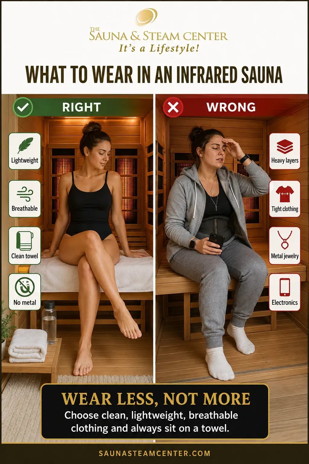 Compare the right and wrong infrared sauna attire, including breathable clothing, clean towels, heavy layers, jewelry, and electronics.