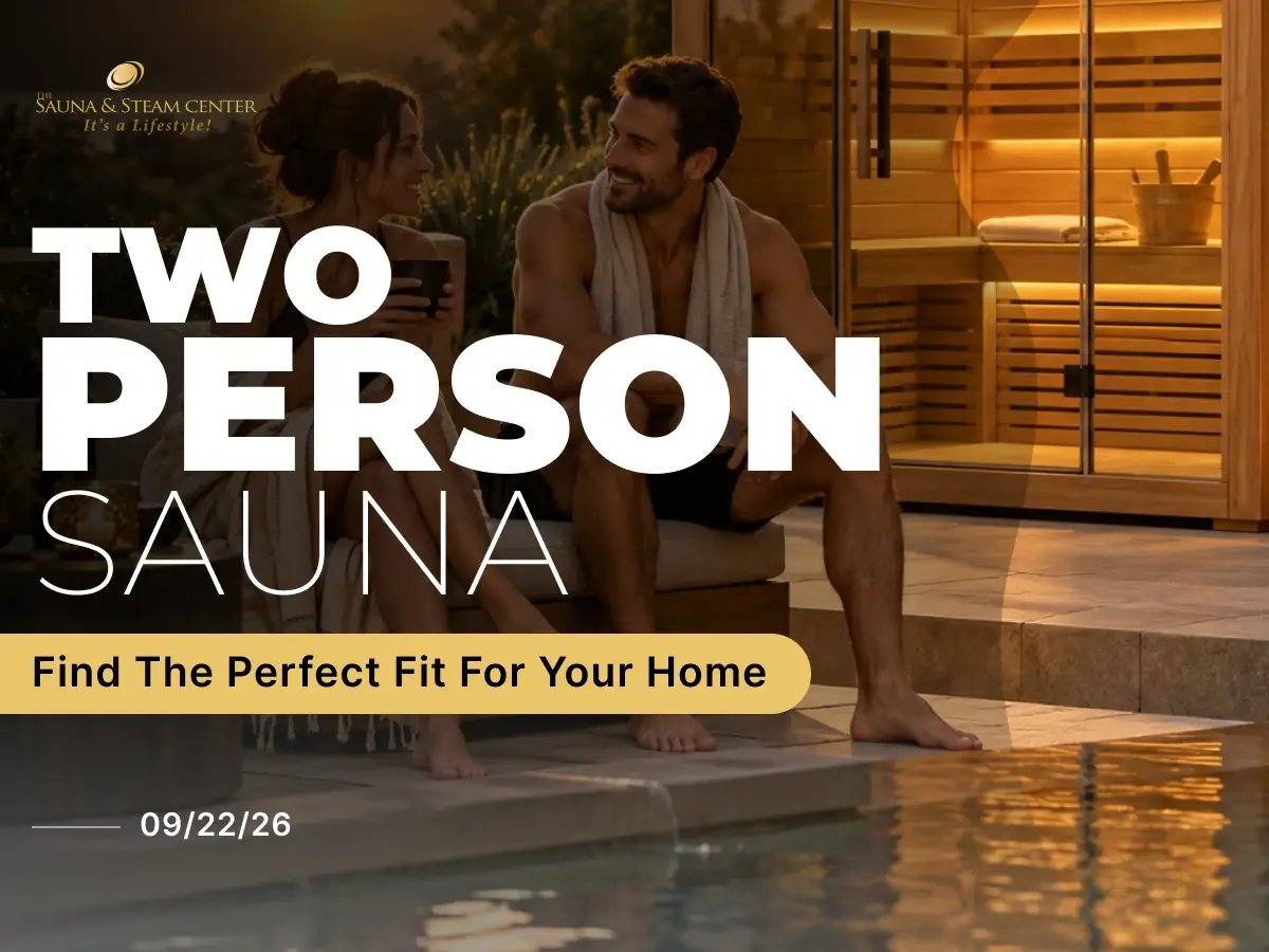 A premium two-person sauna designed for home wellness, offering a comfortable shared space with modern wood finishes and a relaxing indoor spa atmosphere.