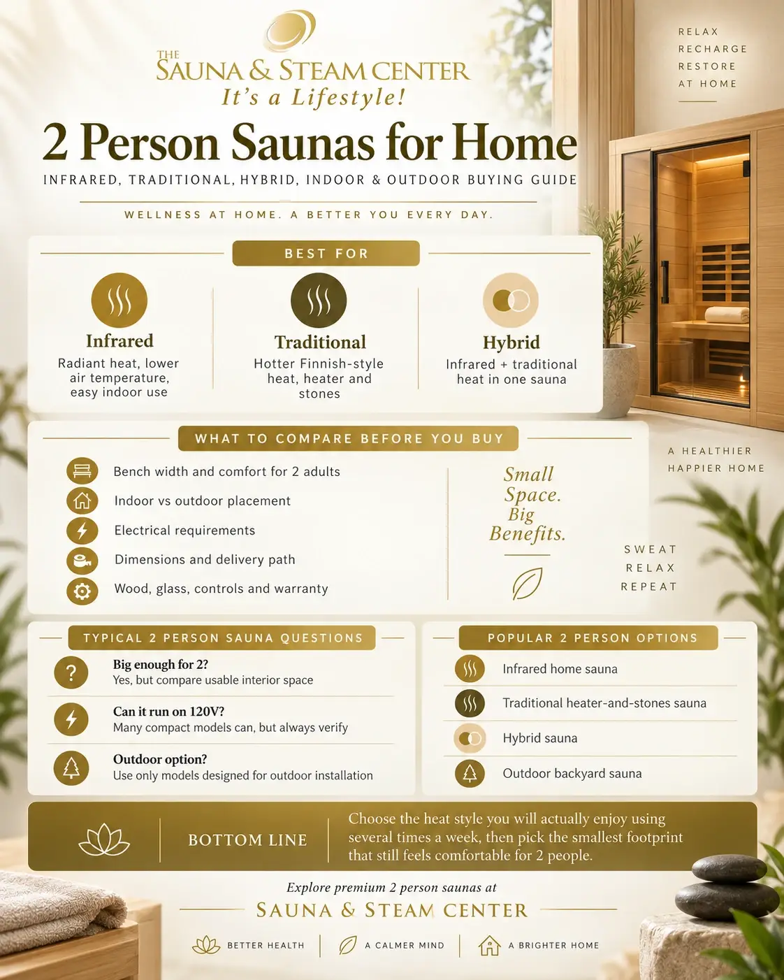 Infographic comparing 2 person saunas for home, including infrared, traditional, hybrid, indoor and outdoor options, electrical needs, sizing, comfort and buying considerations.