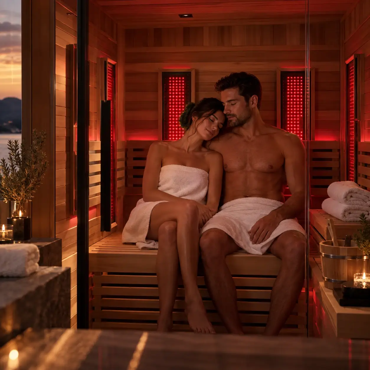 A couple relaxing together in a modern red light therapy sauna with integrated red light panels, warm wood interiors, and a luxury wellness atmosphere.