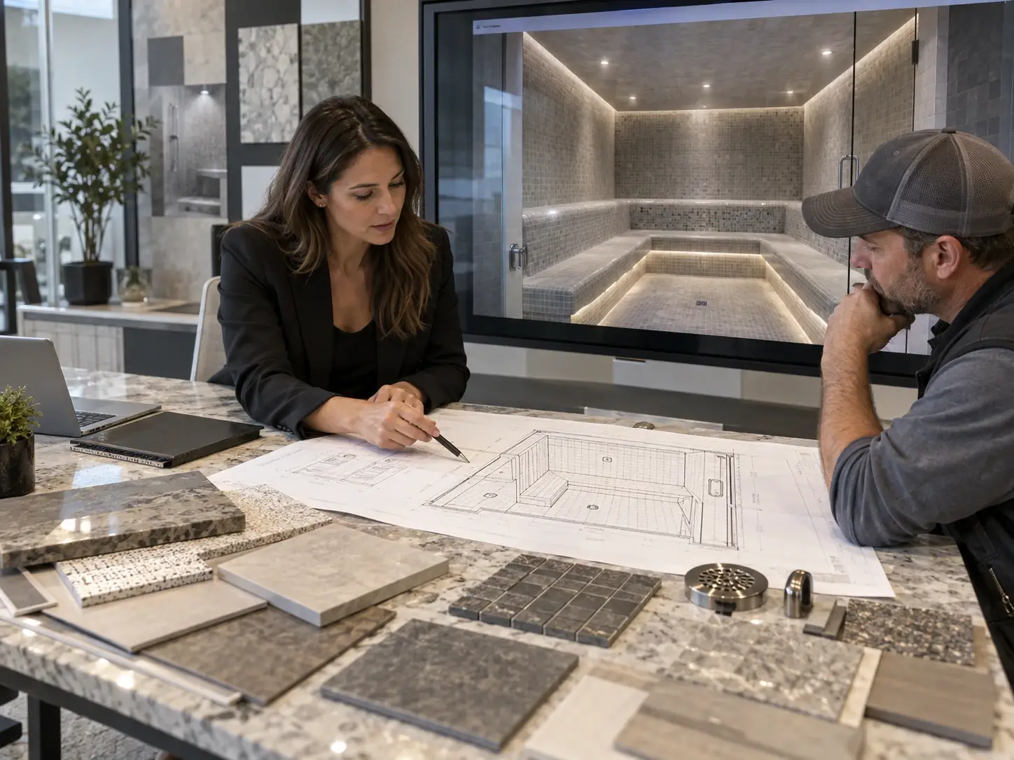Designers reviewing steam room plans, materials, and layout details for a custom luxury steam room project with commercial-grade finishes.
