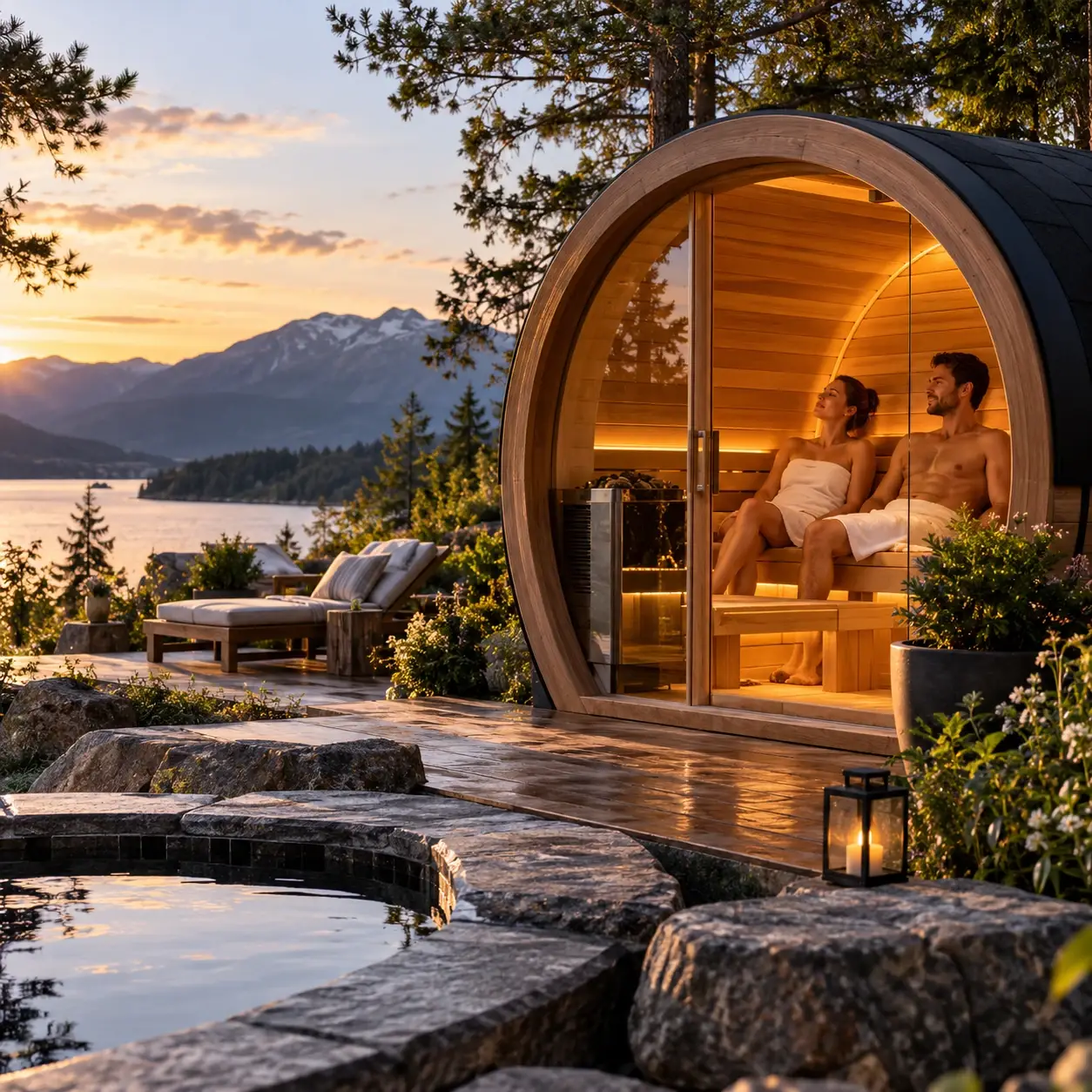 Indoor and outdoor saunas shown in a luxury wellness setting, illustrating differences in placement, convenience, atmosphere, space and outdoor living design.