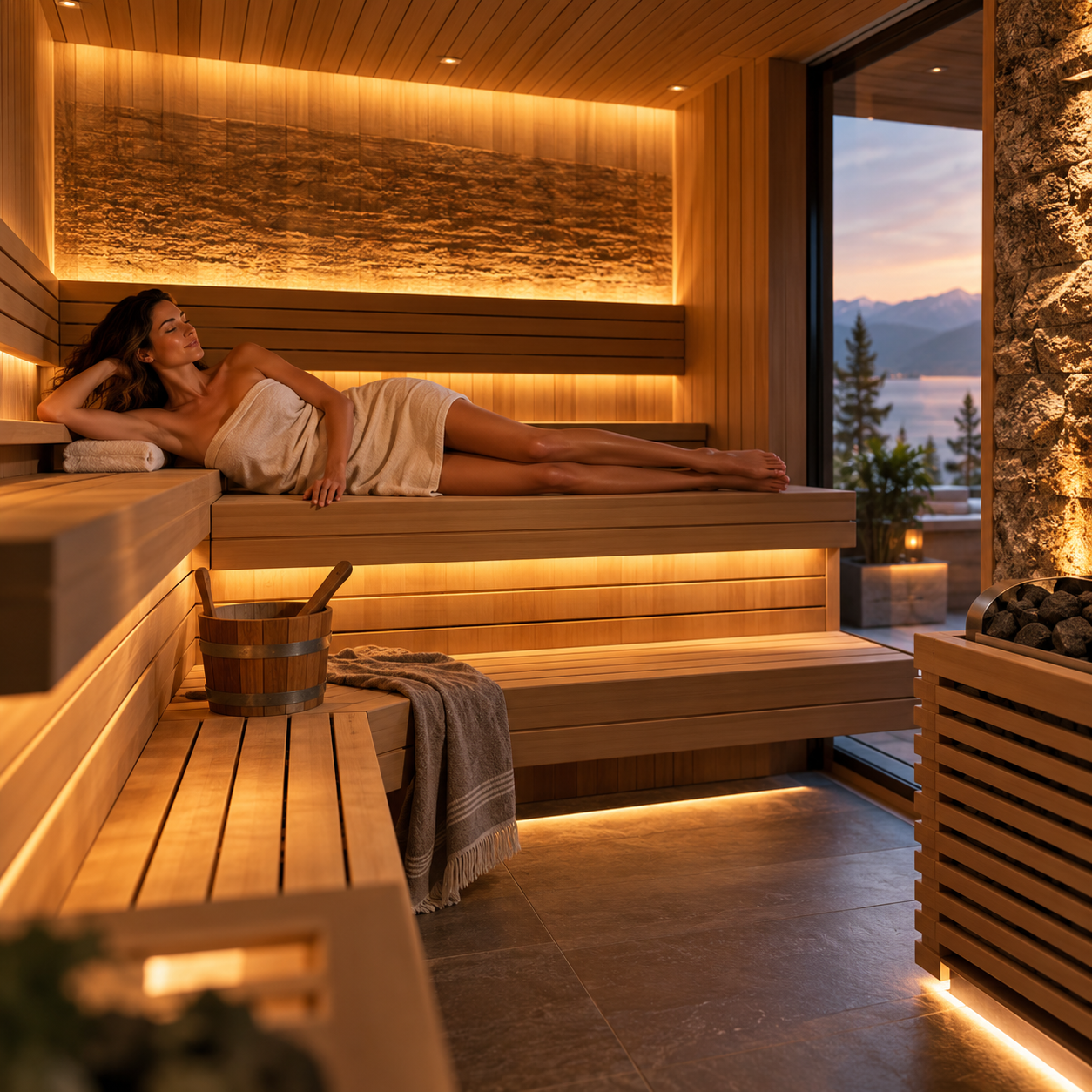 Couple relaxing on an L-shaped sauna bench, showcasing a social seating layout, multiple bench levels and efficient use of space in a custom sauna.