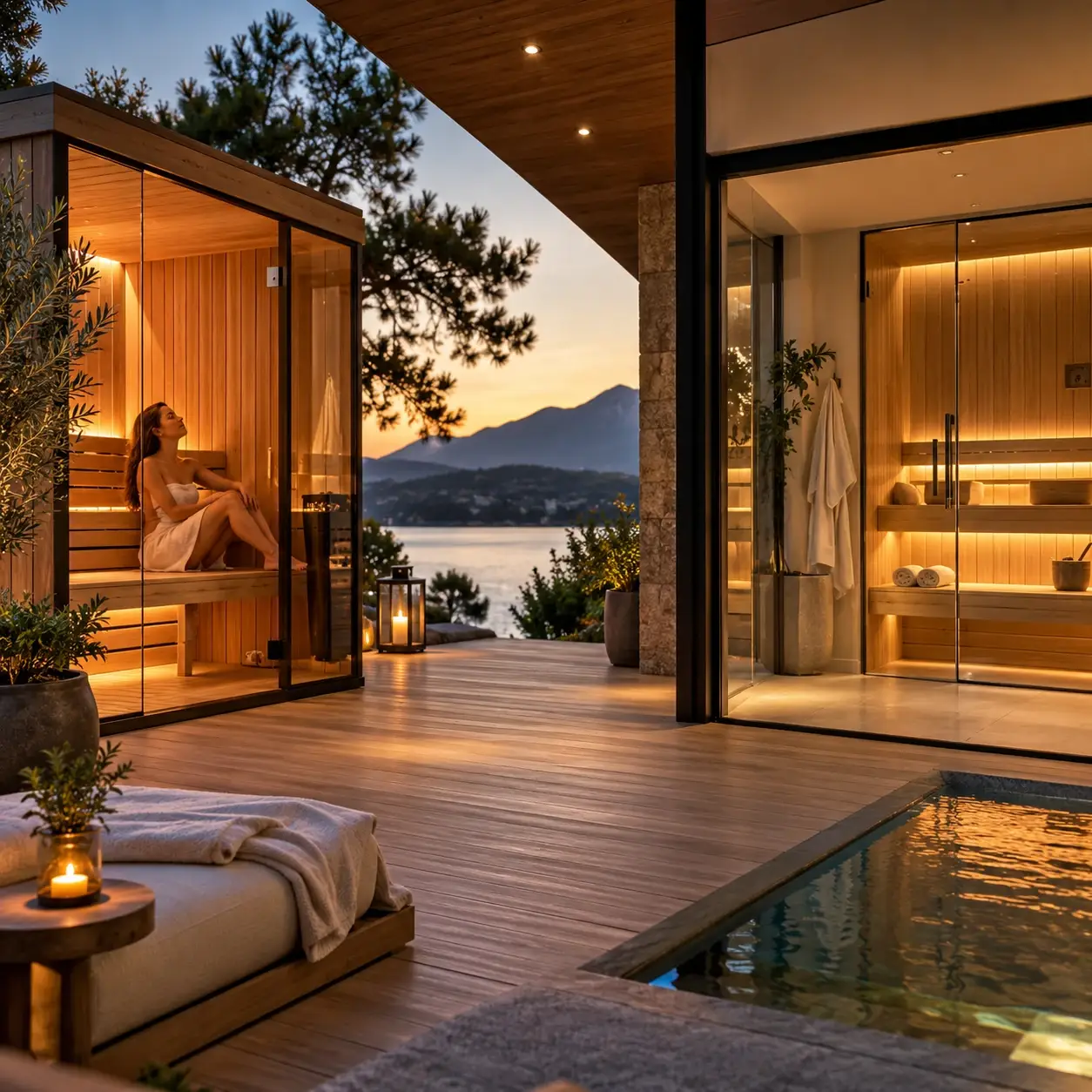 Luxury outdoor sauna in a private backyard setting, showcasing outdoor sauna design, relaxation, privacy and integration with a home wellness space