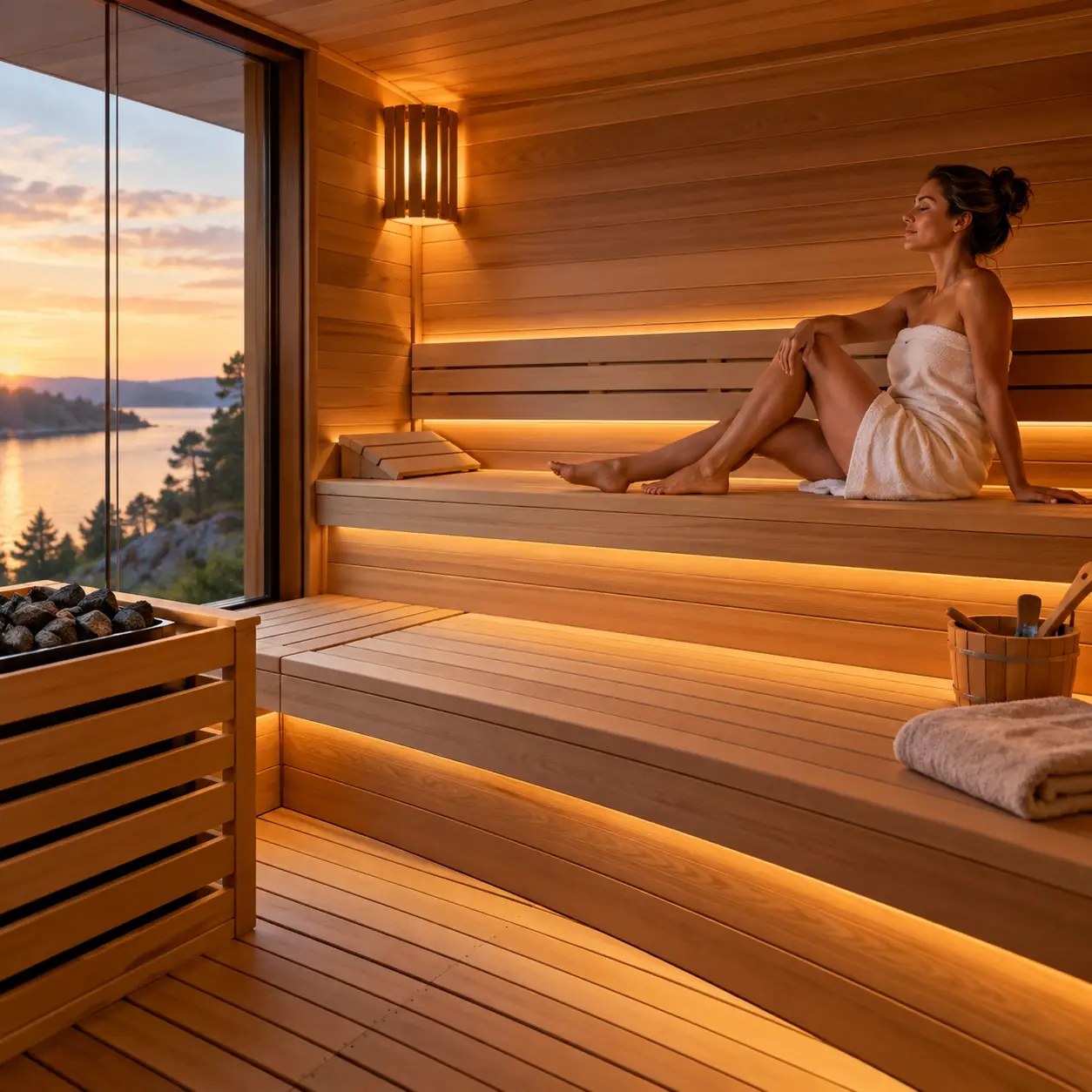 Woman relaxing on a spacious upper sauna bench in a luxury wood sauna, highlighting comfortable bench depth, tiered seating and proper sauna bench design.