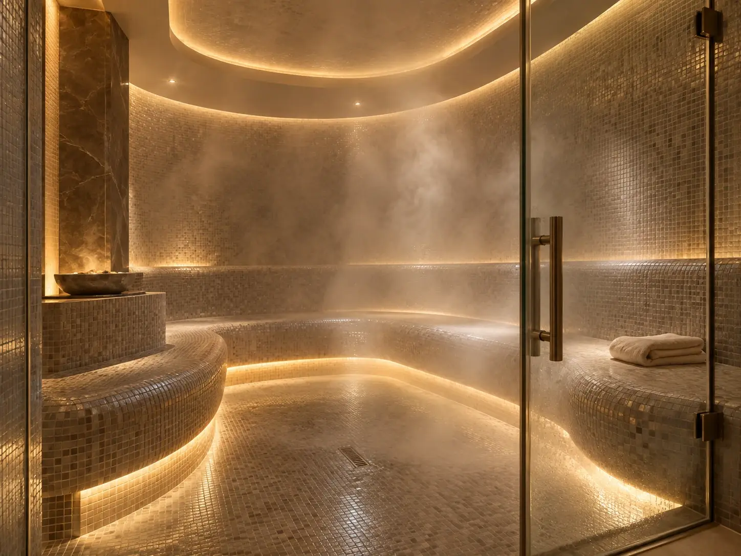 Modern spa steam room with sleek finishes, warm lighting, and a relaxing wellness environment designed for upscale residential or commercial spaces.