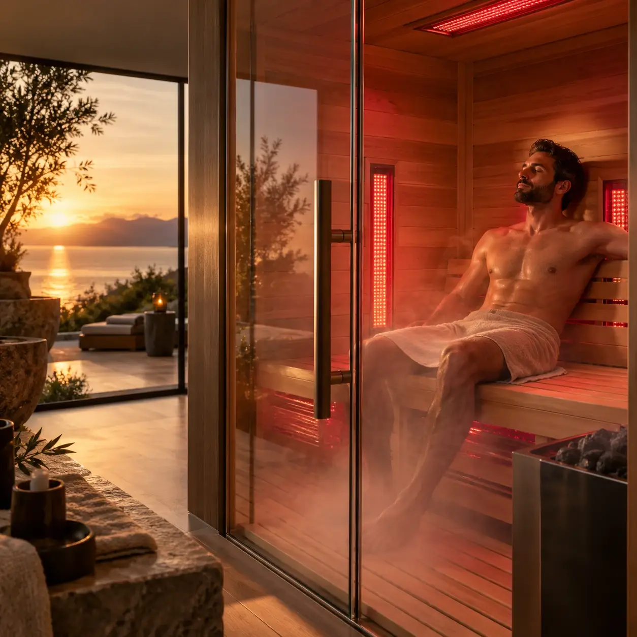 A man enjoying a luxury red light therapy sauna at sunset, highlighting integrated light panels, radiant warmth, relaxation, and a premium home wellness setting.