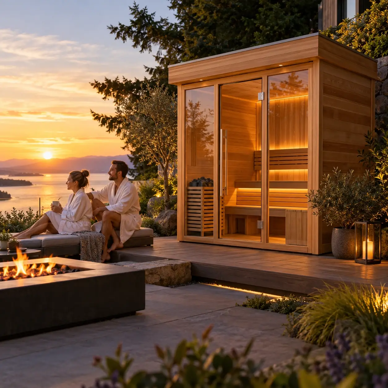 Luxury outdoor sauna kit at sunset in a landscaped backyard, showcasing privacy, relaxation, outdoor wellness design and space-saving home sauna options.