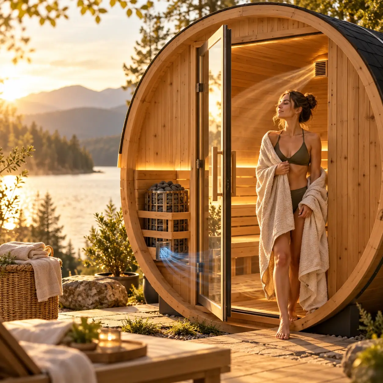 Luxury outdoor barrel sauna showing fresh-air intake and exhaust ventilation, illustrating how proper sauna airflow supports comfort and heat circulation.
