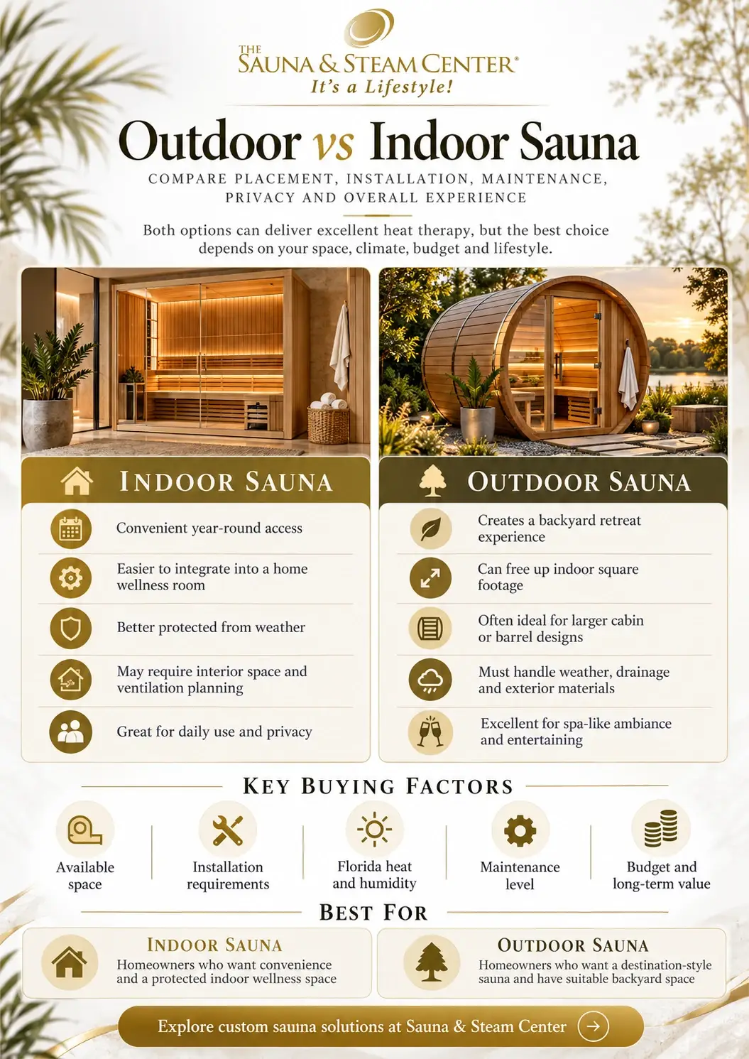 Outdoor vs indoor sauna infographic comparing installation, maintenance, weather exposure, space, convenience, Florida humidity and key buying factors.