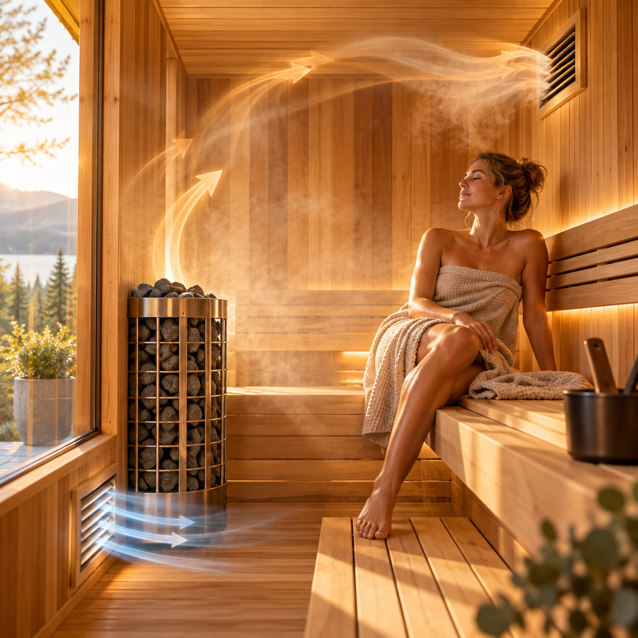 Woman relaxing in a traditional wood sauna with visible airflow showing how intake and exhaust vents support fresh air, heat circulation and proper sauna ventilation.