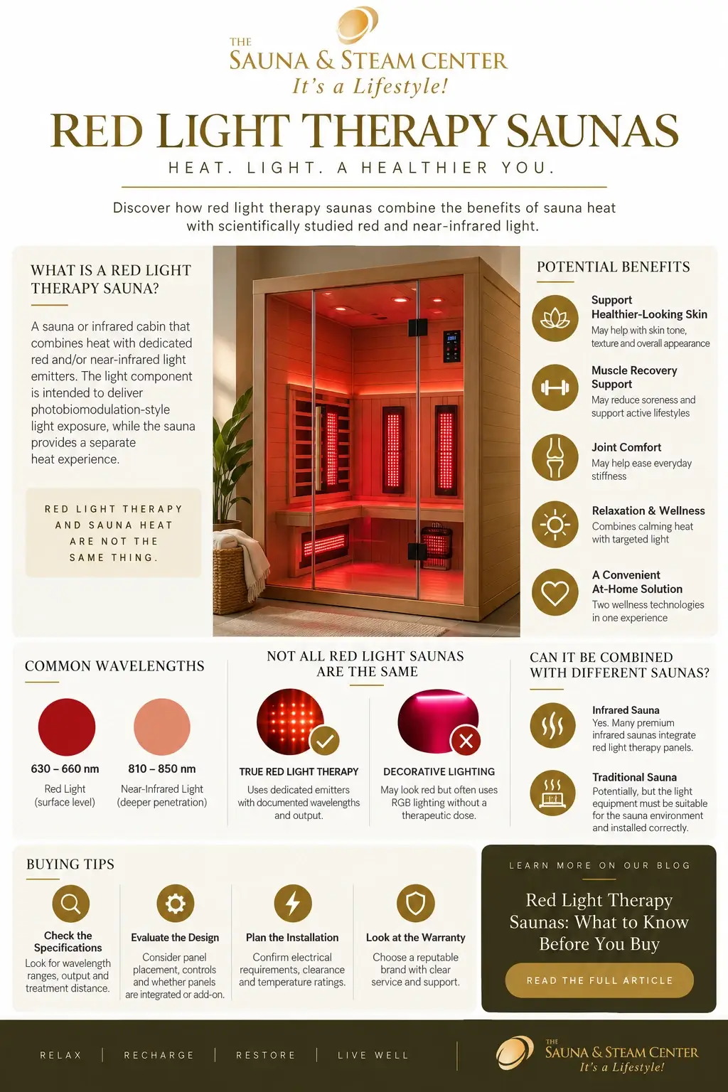 Infographic on red light therapy saunas explaining how sauna heat and red light work together, common wavelengths, potential benefits, and what to compare before buying.