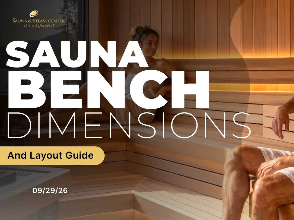 Luxury custom sauna with tiered bench seating for multiple users, showing practical bench height, depth, layout and comfortable circulation around the heater.