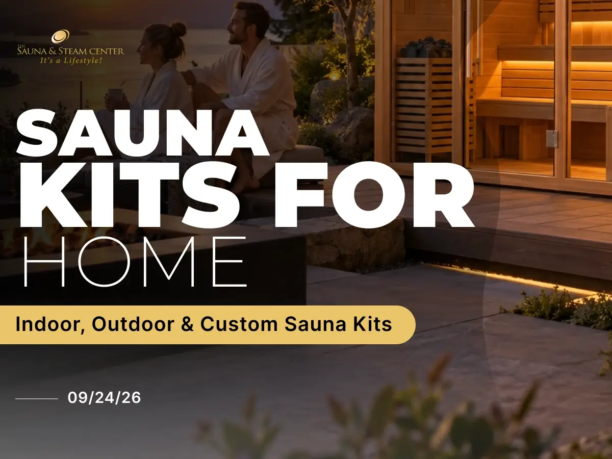 Luxury home sauna kit with warm wood interior, glass front, built-in benches and traditional sauna heater in a modern wellness space.