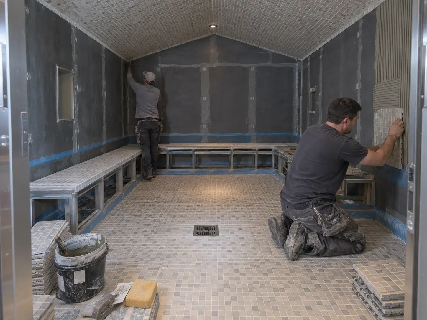 Professional steam room construction in progress showing tile installation, bench framing, waterproofing, and the build-out of a custom steam room.