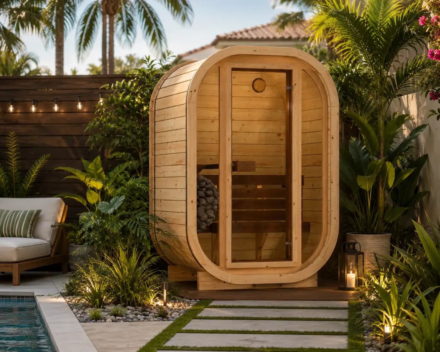 ELLA H2 two-person traditional sauna kit with modern glass front and tiered benches