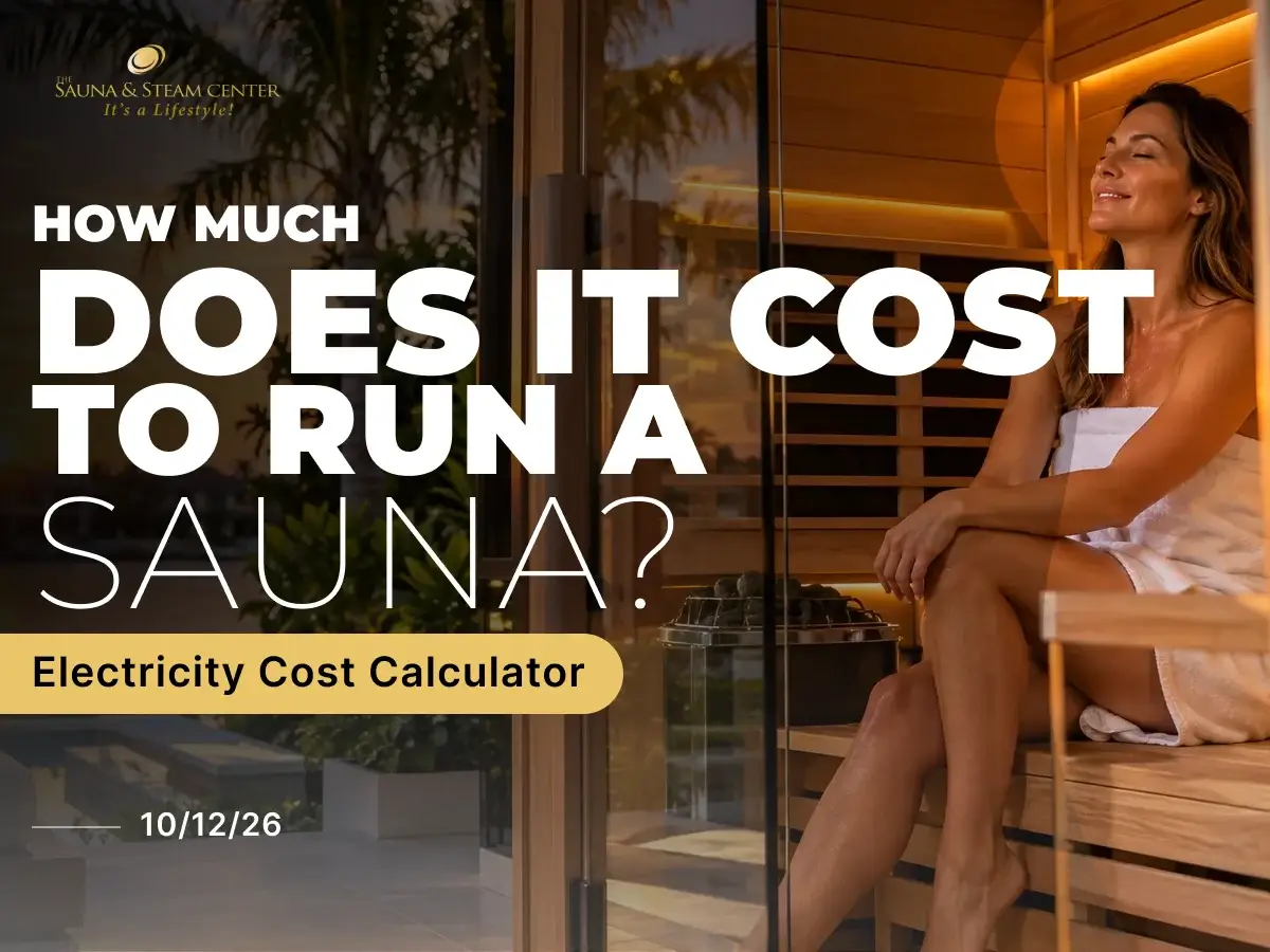 Woman relaxing in a luxury home sauna at sunset, highlighting the comfort, wellness experience, and electricity costs of running a modern sauna.