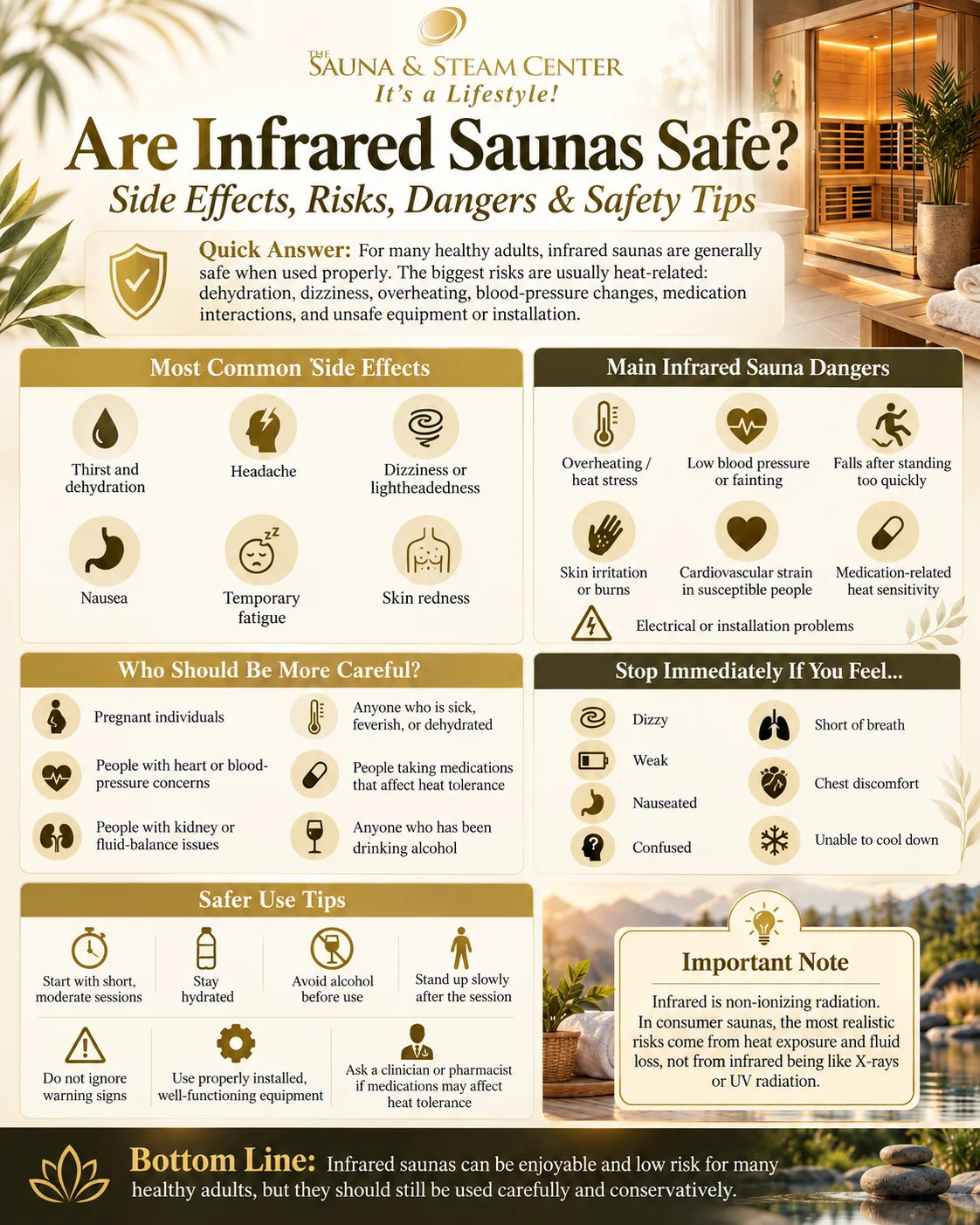 What are the dangers of infrared saunas? Learn the most common side effects, heat-related risks, warning signs, who should use caution, and how to use an infrared sauna safely.