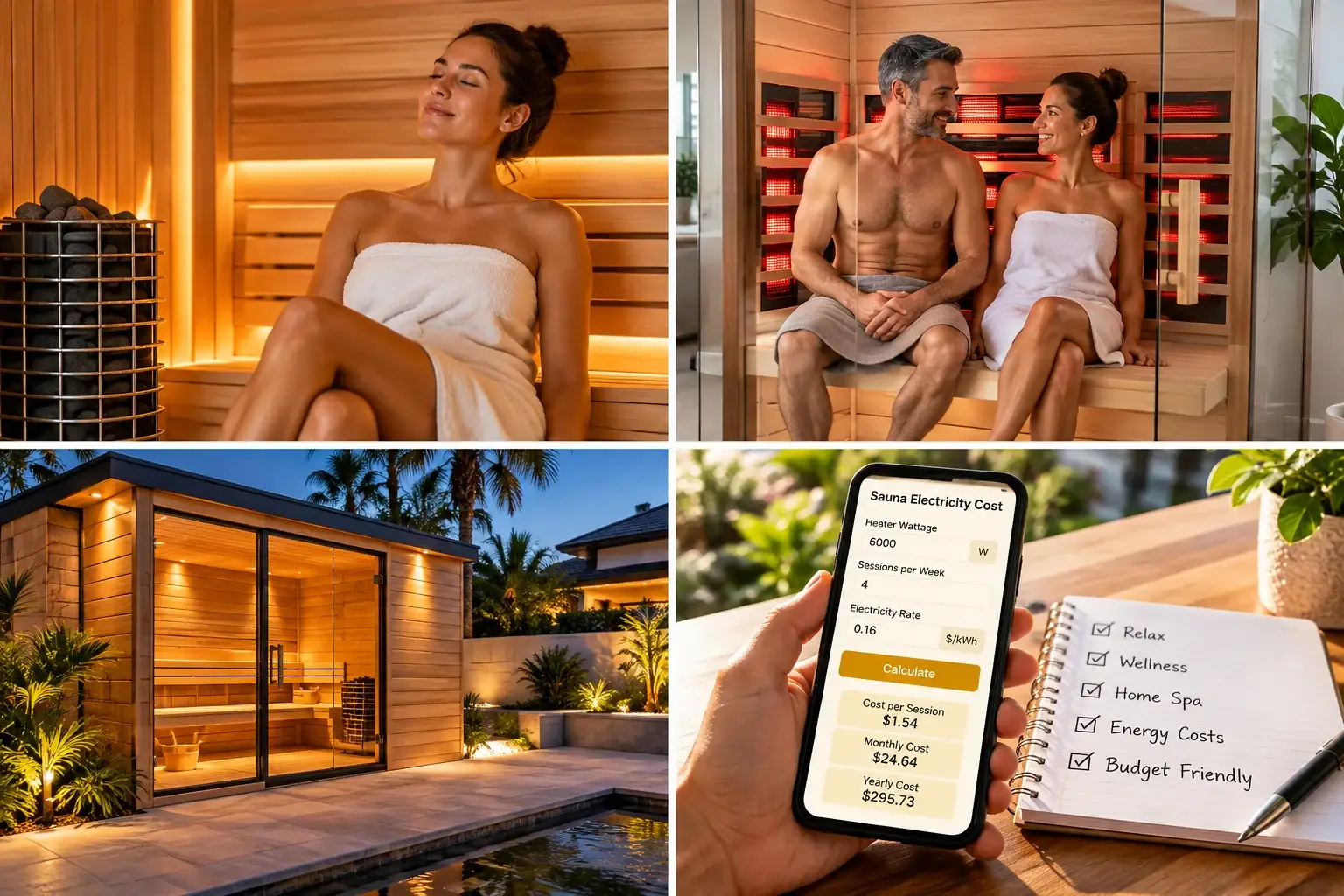 Modern home sauna with woman relaxing while highlighting sauna electricity and operating costs