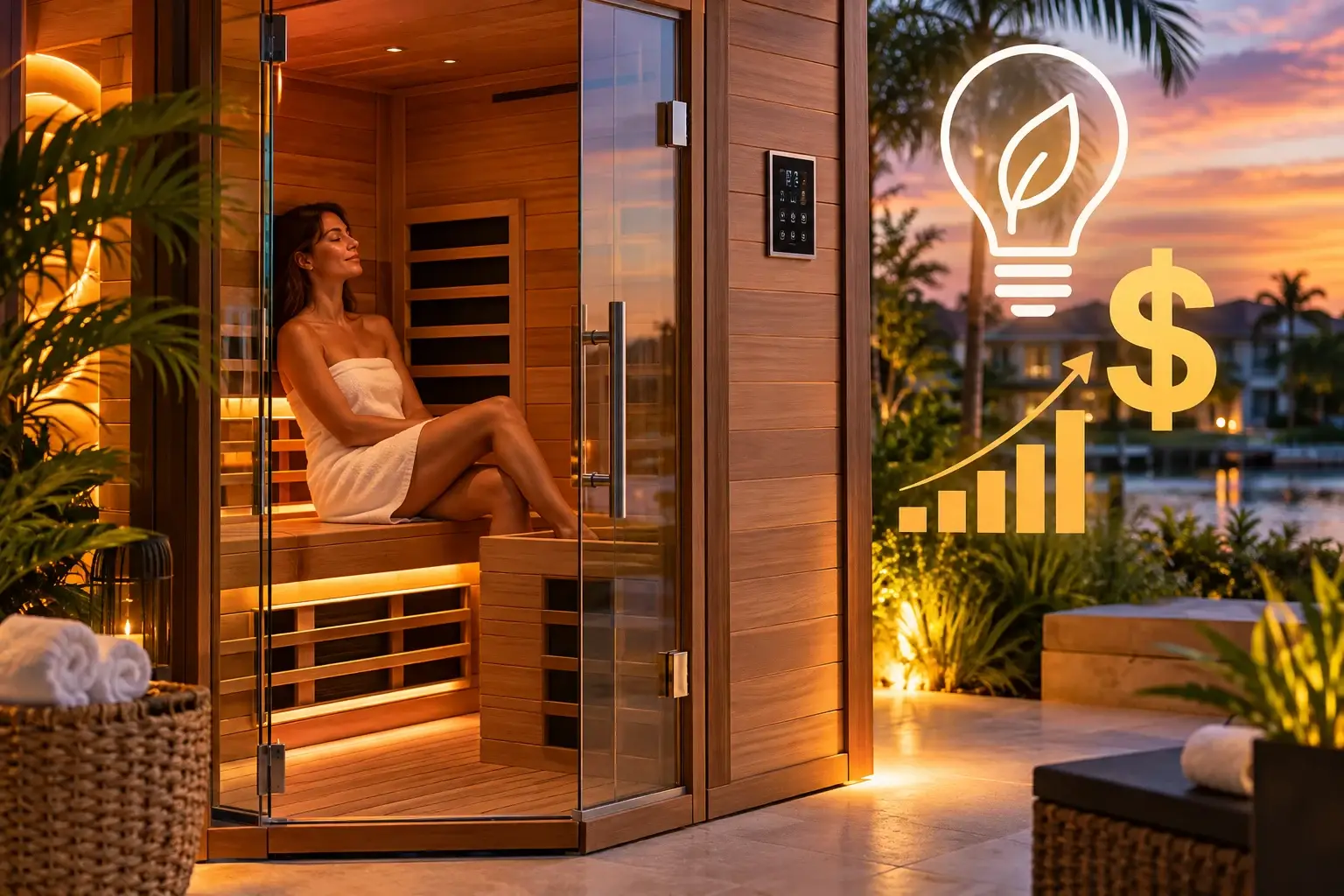 Woman relaxing beside a home sauna with energy cost and electricity savings graphic